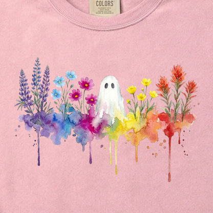 Halloween Ghost Watercolor Wildflowers Cotton T-Shirt