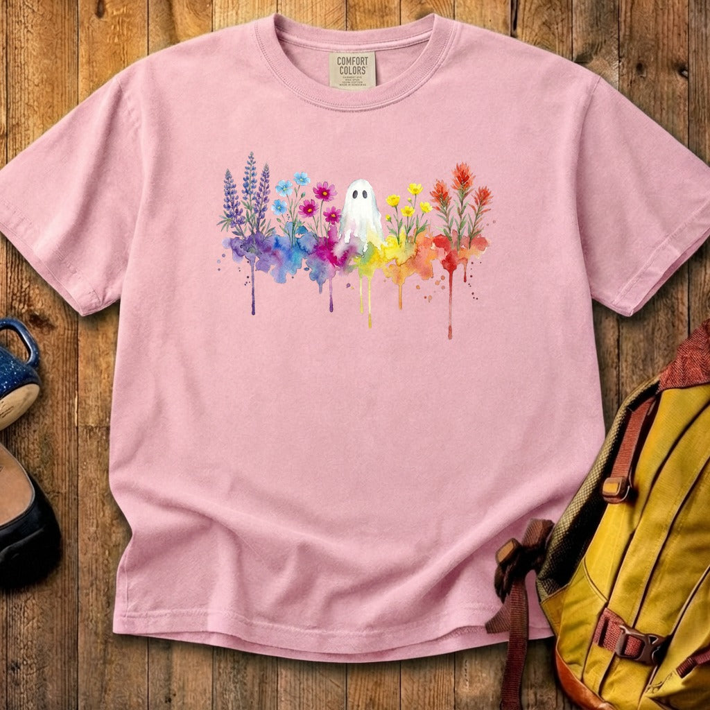 Halloween Ghost Watercolor Wildflowers Cotton T-Shirt