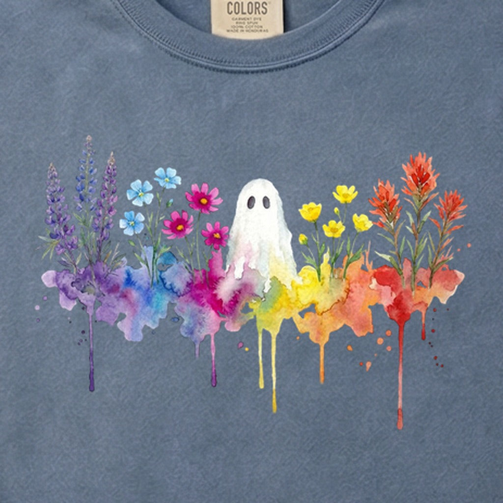 Halloween Ghost Watercolor Wildflowers Cotton T-Shirt