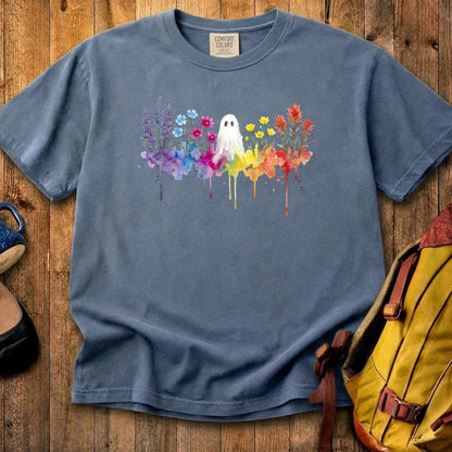 Halloween Ghost Watercolor Wildflowers Cotton T-Shirt