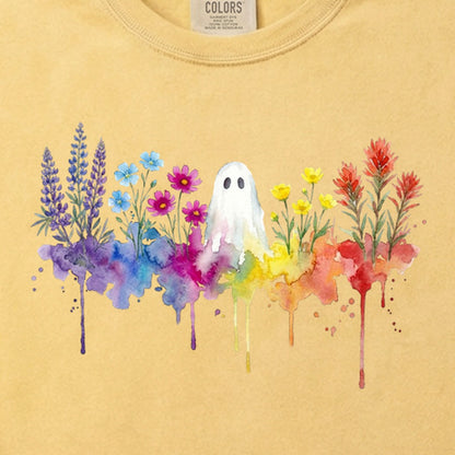 Halloween Ghost Watercolor Wildflowers Cotton T-Shirt