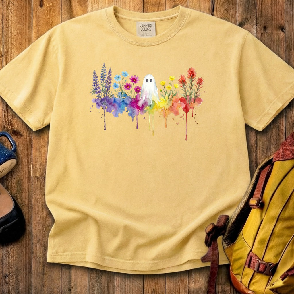 Halloween Ghost Watercolor Wildflowers Cotton T-Shirt