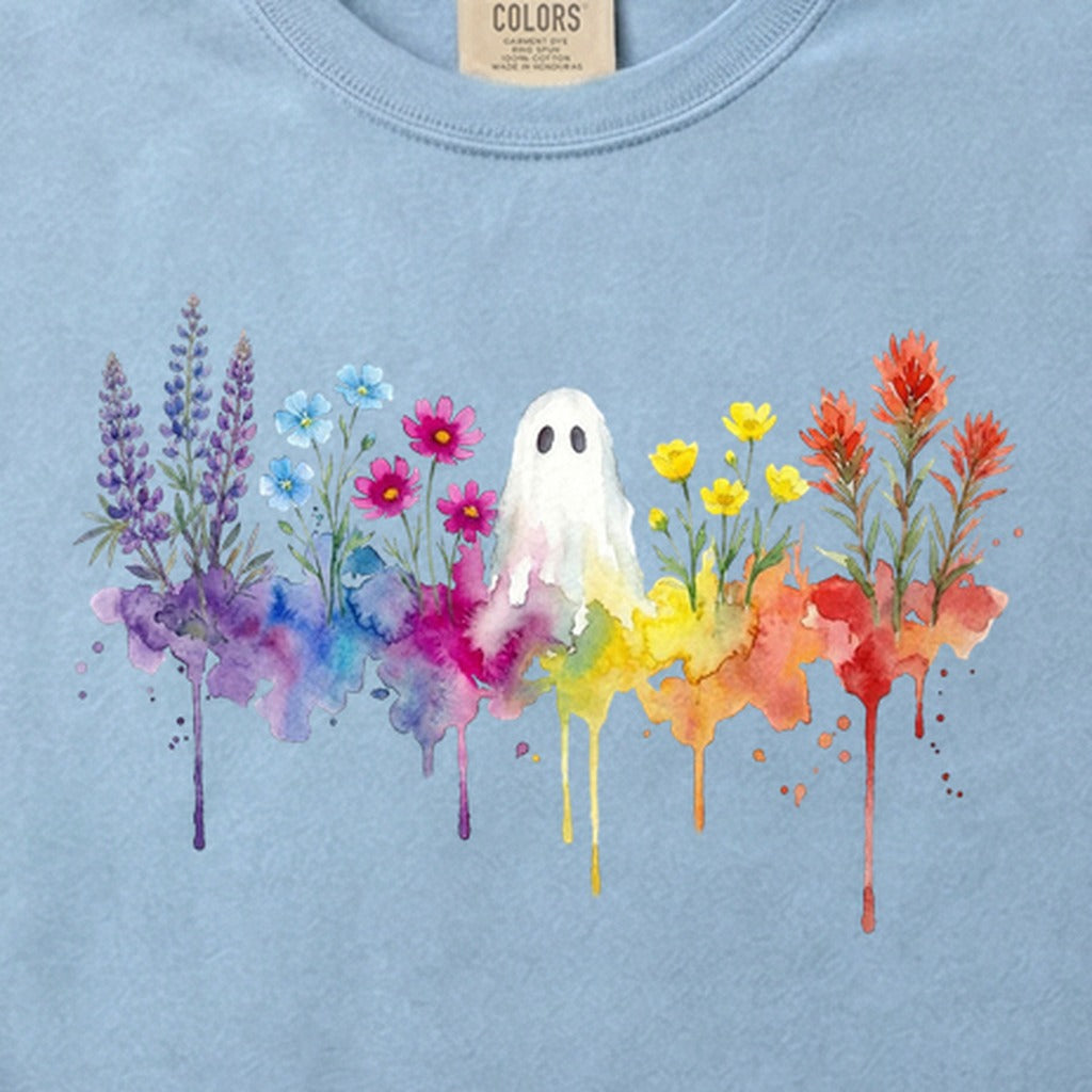 Halloween Ghost Watercolor Wildflowers Cotton T-Shirt