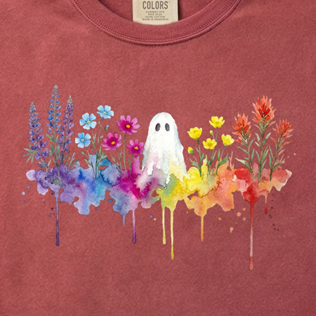 Halloween Ghost Watercolor Wildflowers Cotton T-Shirt