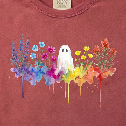 Halloween Ghost Watercolor Wildflowers Cotton T-Shirt