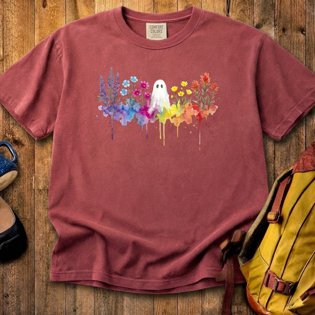 Halloween Ghost Watercolor Wildflowers Cotton T-Shirt