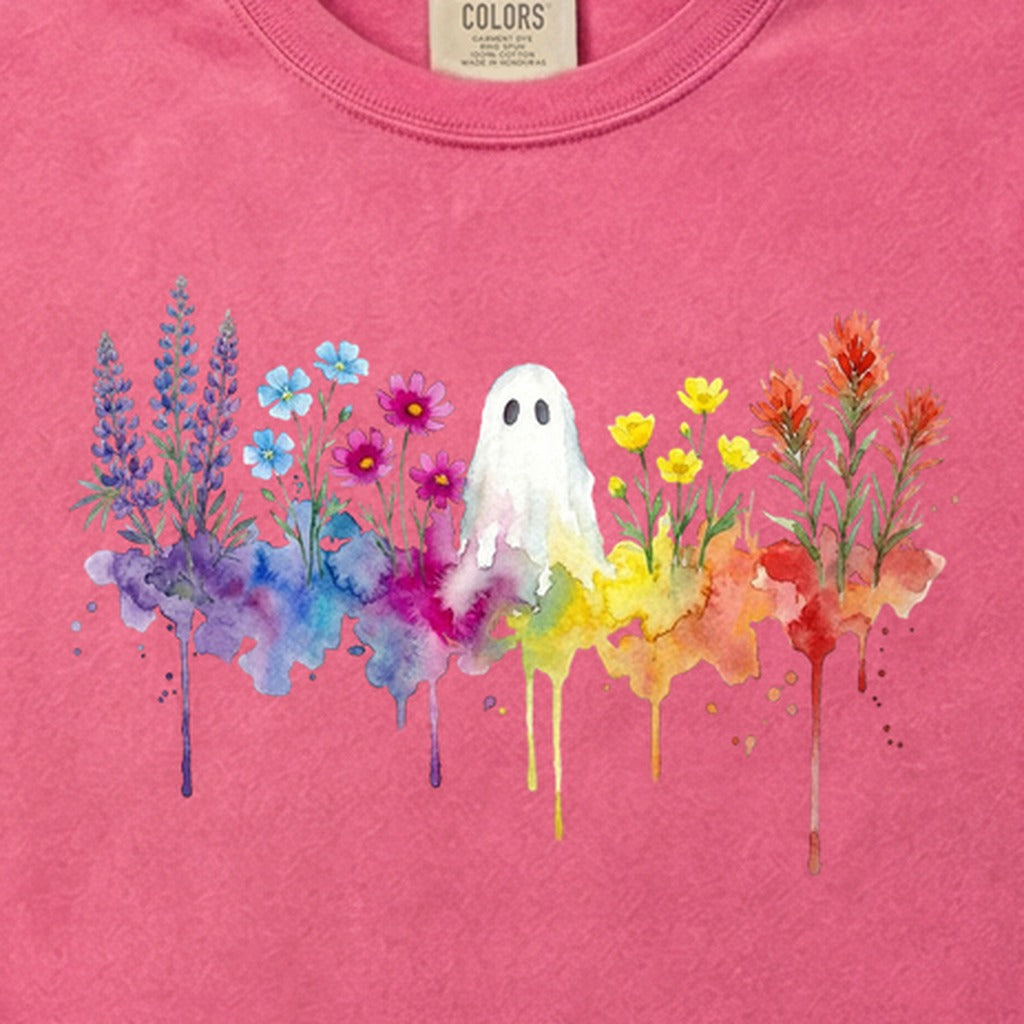 Halloween Ghost Watercolor Wildflowers Cotton T-Shirt