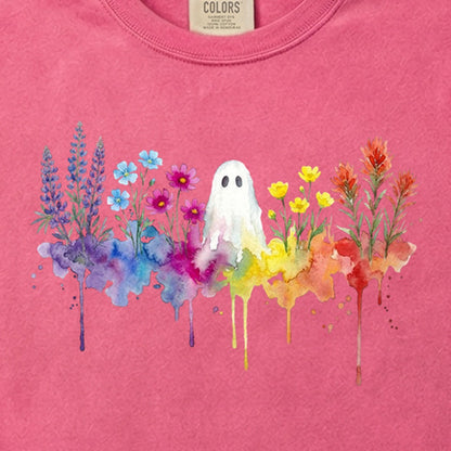 Halloween Ghost Watercolor Wildflowers Cotton T-Shirt