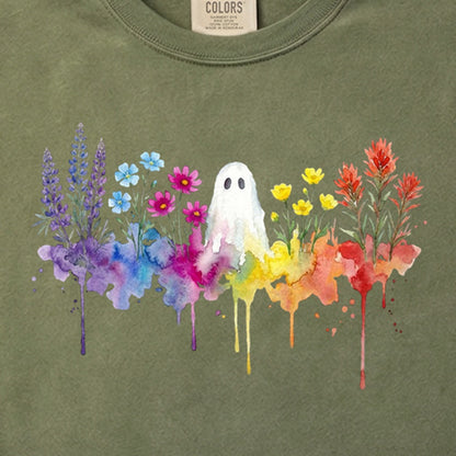 Halloween Ghost Watercolor Wildflowers Cotton T-Shirt