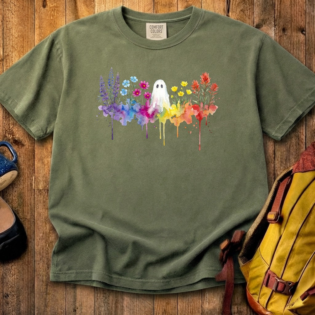 Halloween Ghost Watercolor Wildflowers Cotton T-Shirt