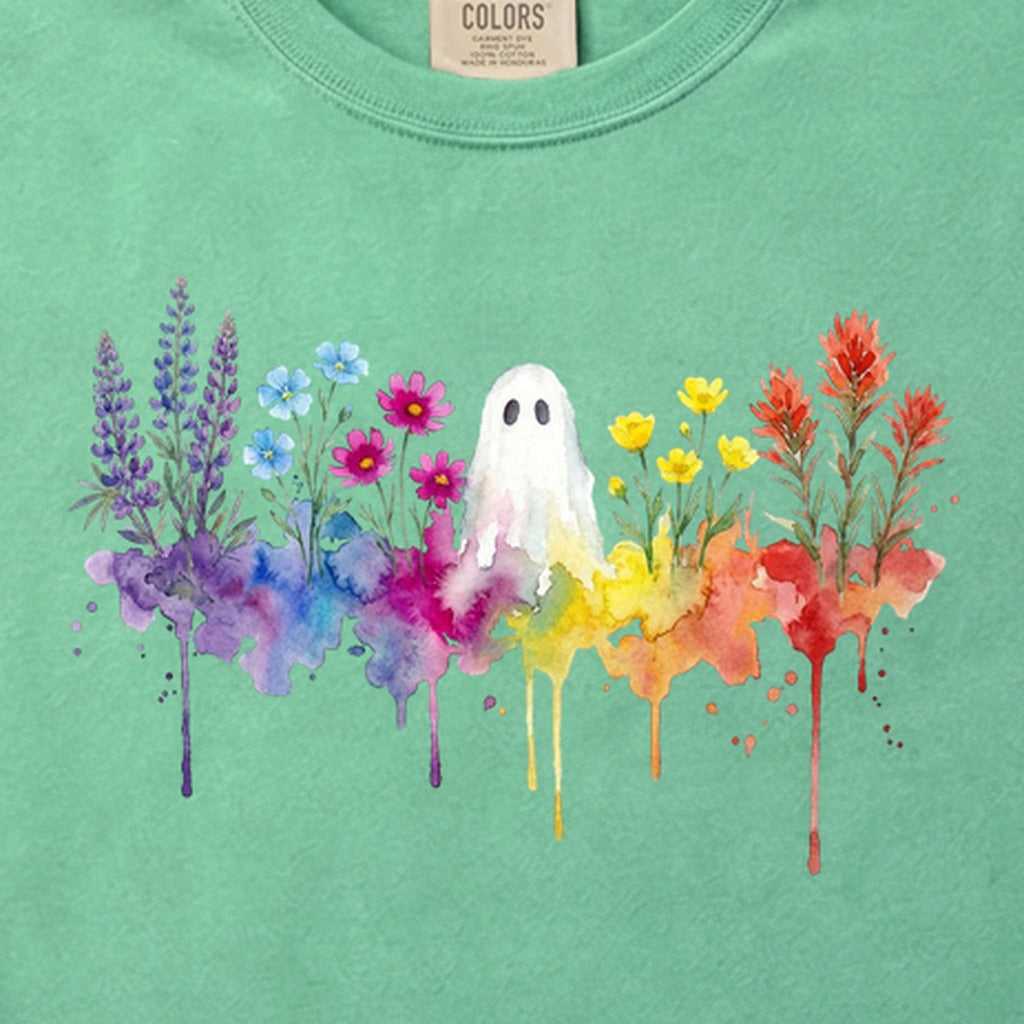Halloween Ghost Watercolor Wildflowers Cotton T-Shirt