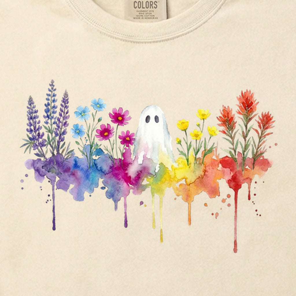 Halloween Ghost Watercolor Wildflowers Cotton T-Shirt