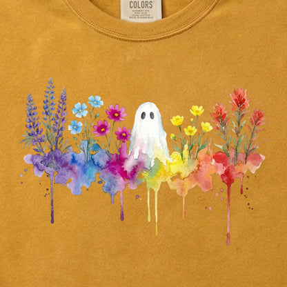 Halloween Ghost Watercolor Wildflowers Cotton T-Shirt