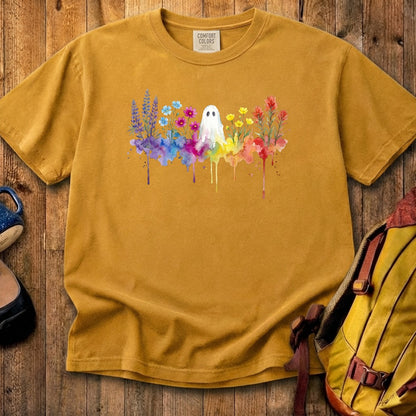 Halloween Ghost Watercolor Wildflowers Cotton T-Shirt