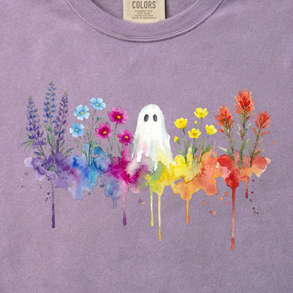 Halloween Ghost Watercolor Wildflowers Cotton T-Shirt