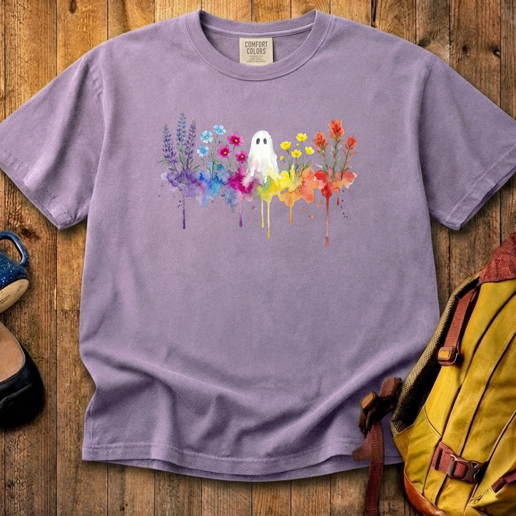 Halloween Ghost Watercolor Wildflowers Cotton T-Shirt