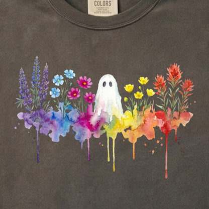 Halloween Ghost Watercolor Wildflowers Cotton T-Shirt