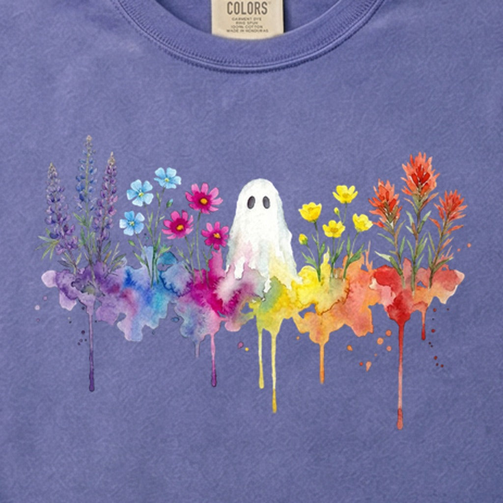 Halloween Ghost Watercolor Wildflowers Cotton T-Shirt
