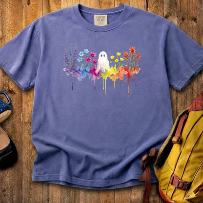 Halloween Ghost Watercolor Wildflowers Cotton T-Shirt