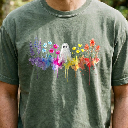 Halloween Ghost Watercolor Wildflowers Cotton T-Shirt