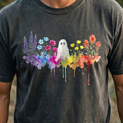 Halloween Ghost Watercolor Wildflowers Cotton T-Shirt