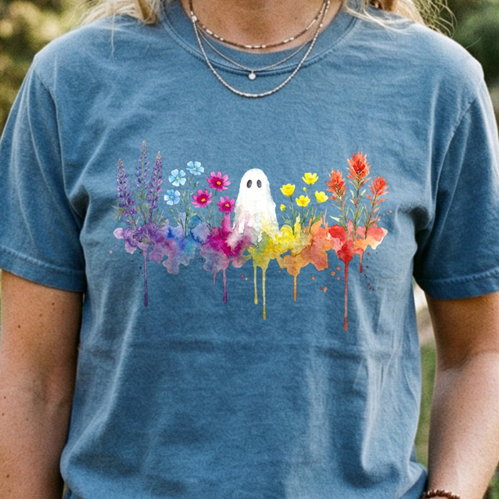 Halloween Ghost Watercolor Wildflowers Cotton T-Shirt
