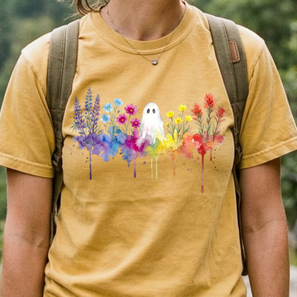 Halloween Ghost Watercolor Wildflowers Cotton T-Shirt