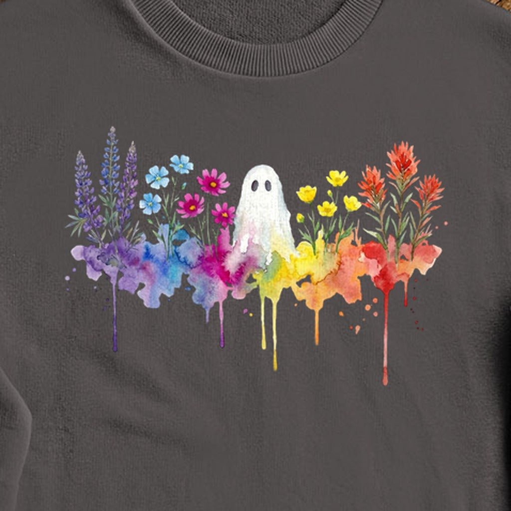 Halloween Ghost Watercolor Wildflowers Crewneck Sweatshirt
