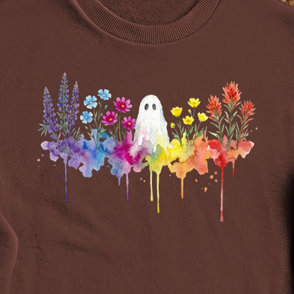 Halloween Ghost Watercolor Wildflowers Crewneck Sweatshirt
