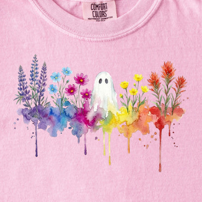 Halloween Ghost Watercolor Wildflowers Kids Cotton T-Shirt