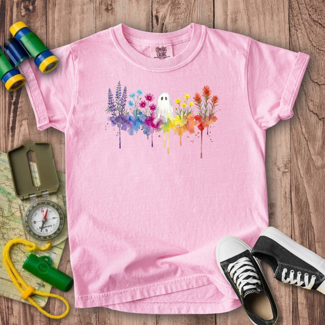 Halloween Ghost Watercolor Wildflowers Kids Cotton T-Shirt
