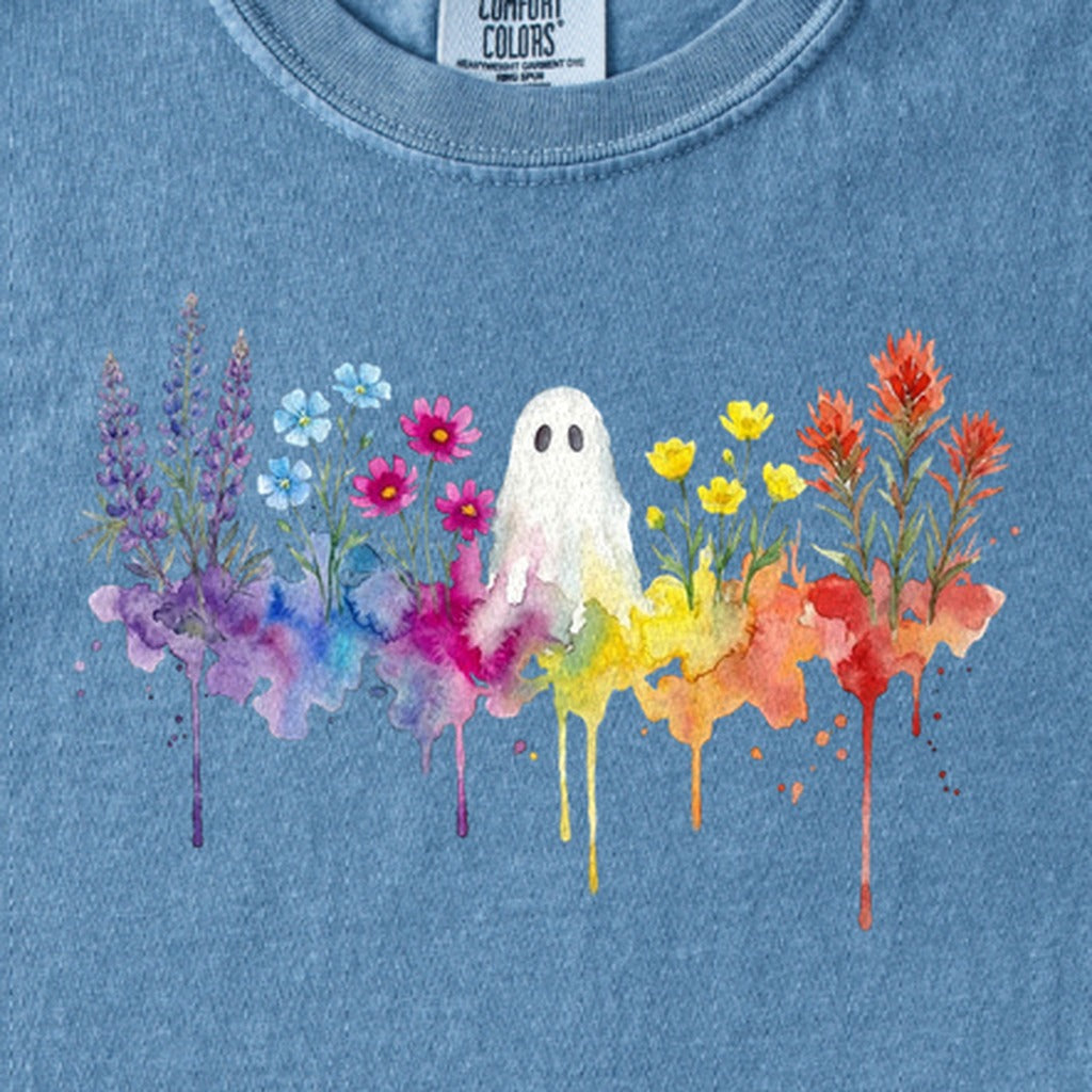 Halloween Ghost Watercolor Wildflowers Kids Cotton T-Shirt