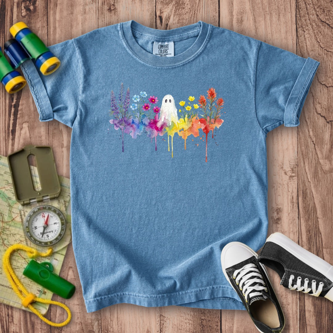 Halloween Ghost Watercolor Wildflowers Kids Cotton T-Shirt