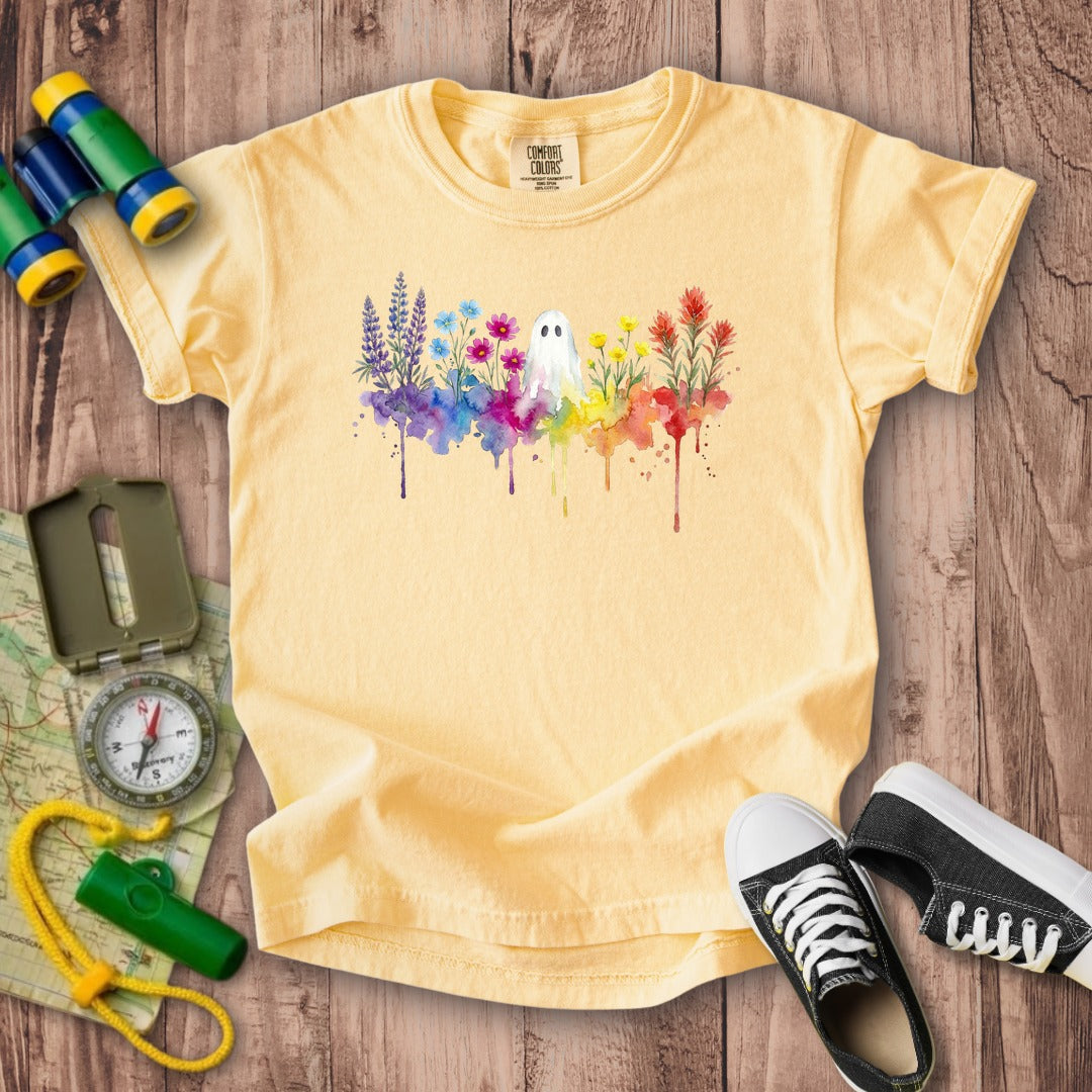 Halloween Ghost Watercolor Wildflowers Kids Cotton T-Shirt