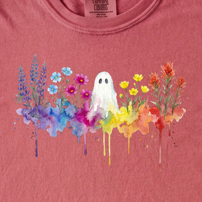 Halloween Ghost Watercolor Wildflowers Kids Cotton T-Shirt