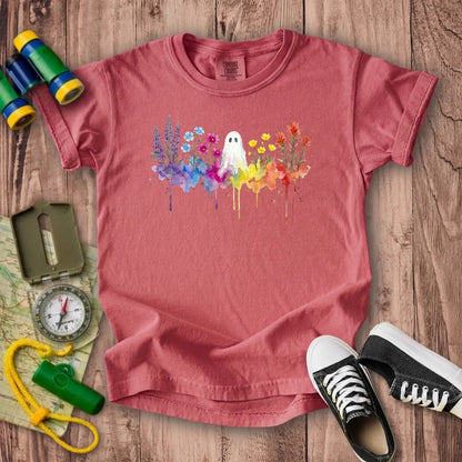 Halloween Ghost Watercolor Wildflowers Kids Cotton T-Shirt