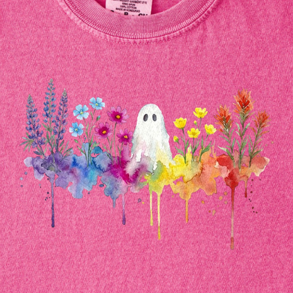 Halloween Ghost Watercolor Wildflowers Kids Cotton T-Shirt