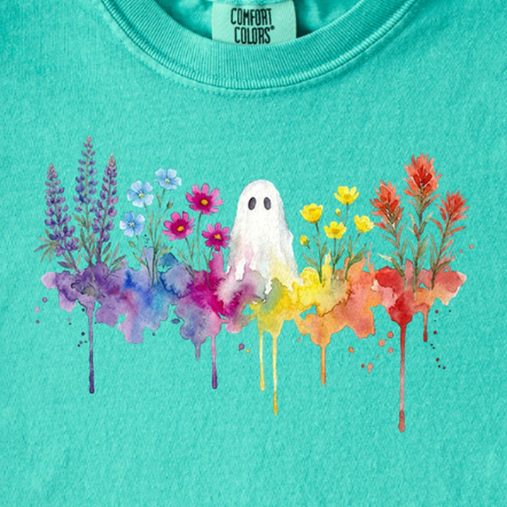 Halloween Ghost Watercolor Wildflowers Kids Cotton T-Shirt