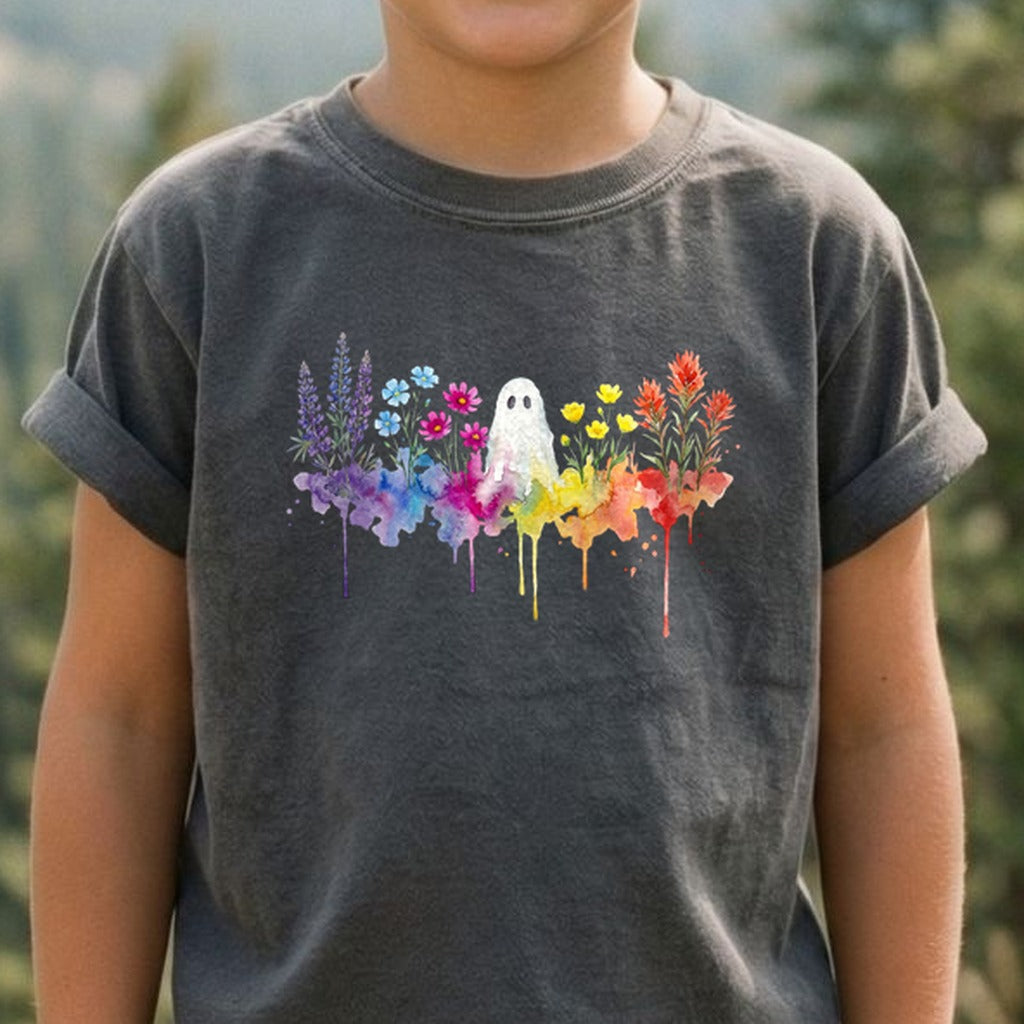 Halloween Ghost Watercolor Wildflowers Kids Cotton T-Shirt