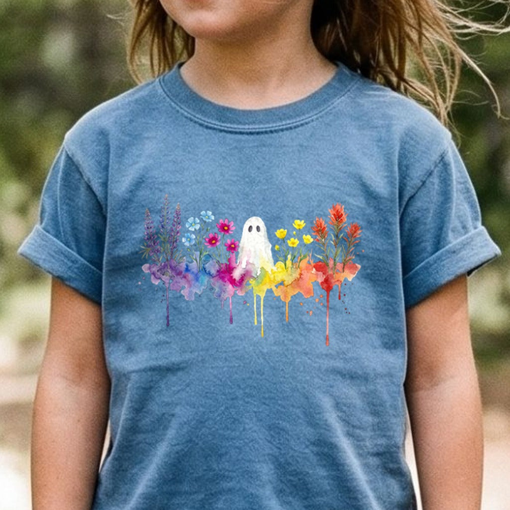 Halloween Ghost Watercolor Wildflowers Kids Cotton T-Shirt