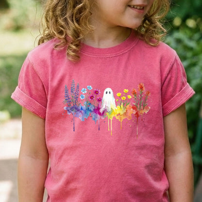 Halloween Ghost Watercolor Wildflowers Kids Cotton T-Shirt
