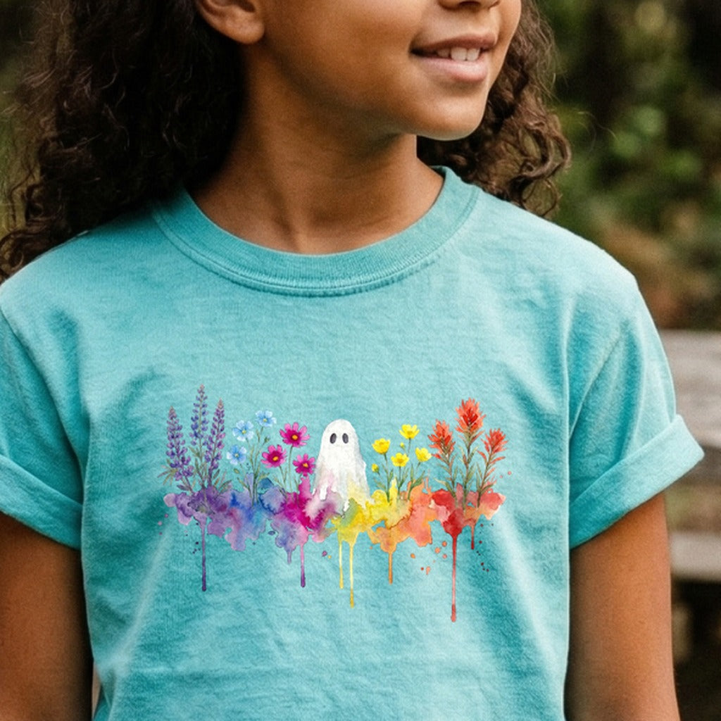 Halloween Ghost Watercolor Wildflowers Kids Cotton T-Shirt