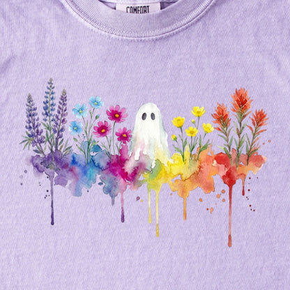 Halloween Ghost Watercolor Wildflowers Kids Cotton T-Shirt