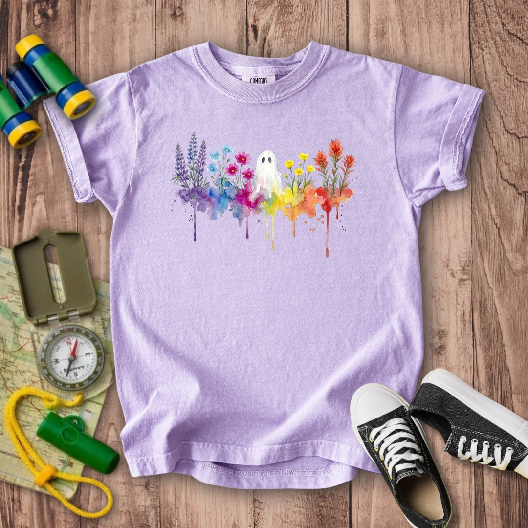Halloween Ghost Watercolor Wildflowers Kids Cotton T-Shirt