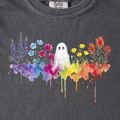 Halloween Ghost Watercolor Wildflowers Kids Cotton T-Shirt