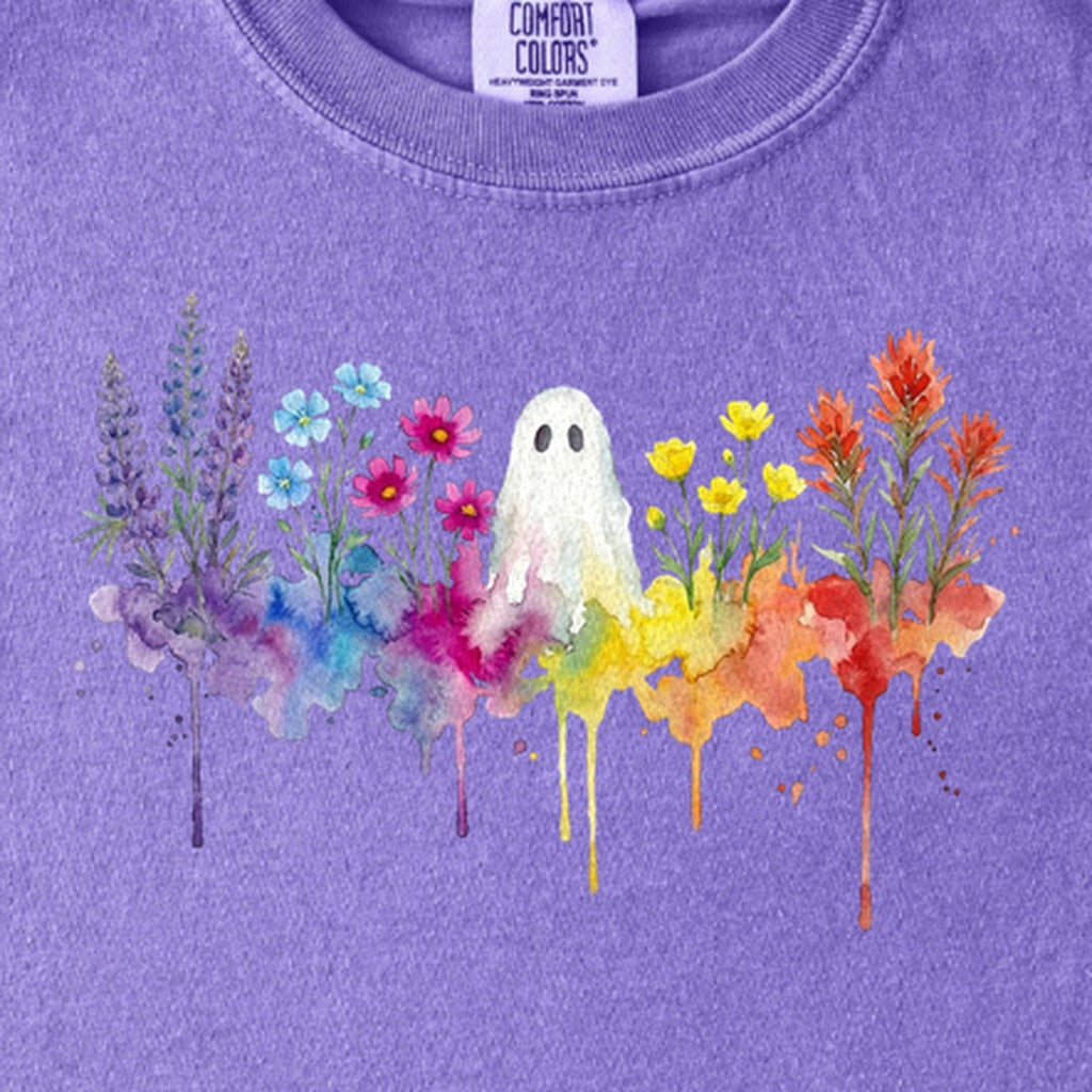Halloween Ghost Watercolor Wildflowers Kids Cotton T-Shirt