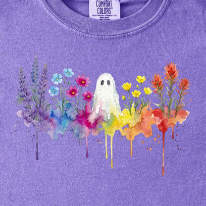 Halloween Ghost Watercolor Wildflowers Kids Cotton T-Shirt