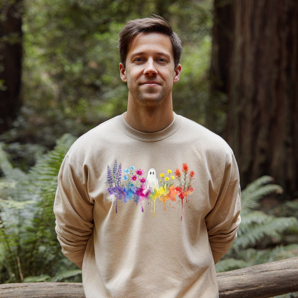 Halloween Ghost Watercolor Wildflowers Crewneck Sweatshirt