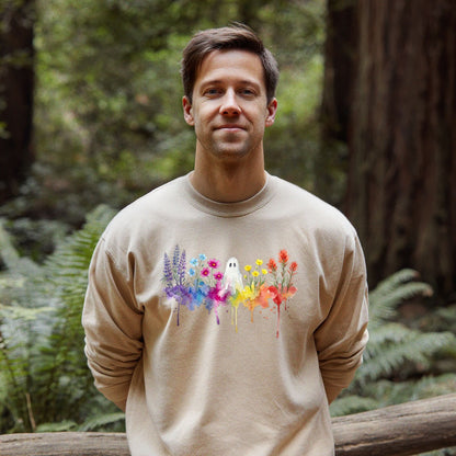 Halloween Ghost Watercolor Wildflowers Crewneck Sweatshirt