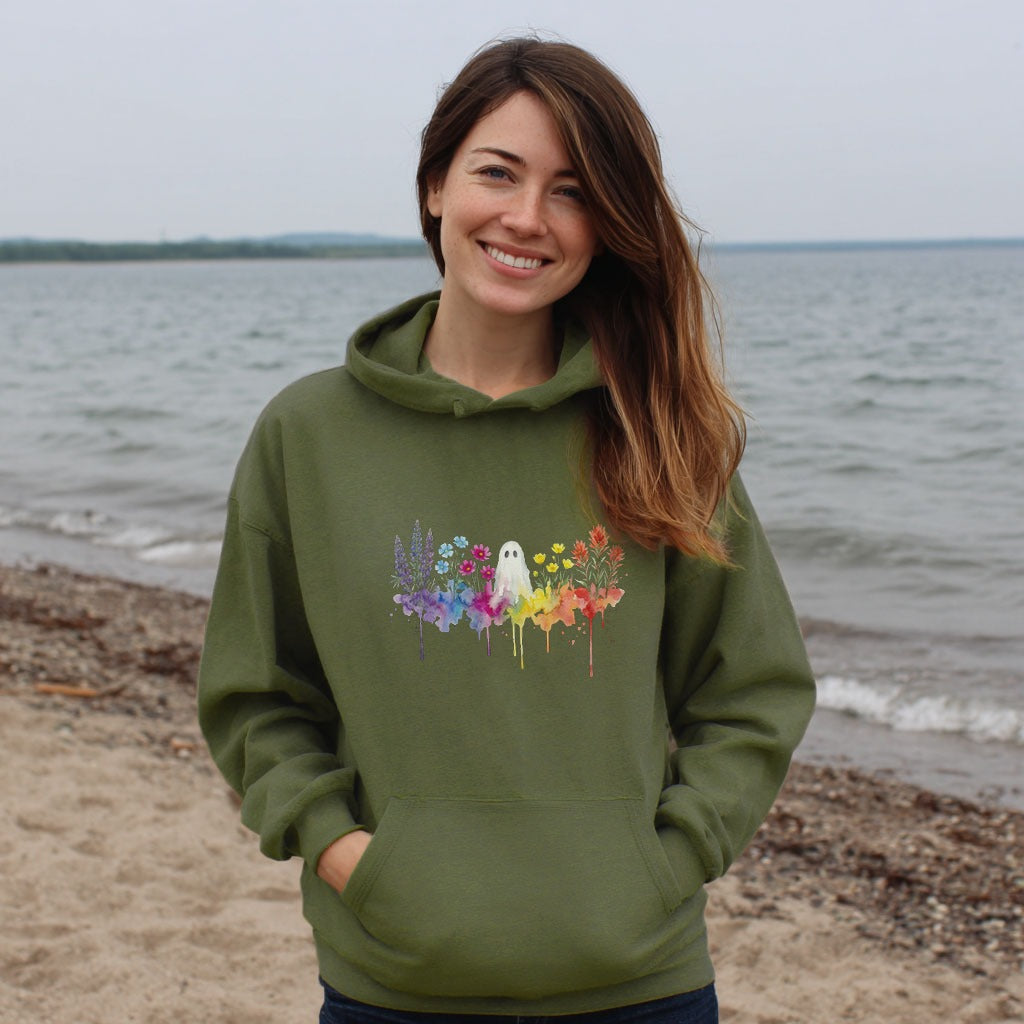 Halloween Ghost Watercolor Wildflowers Hoodie